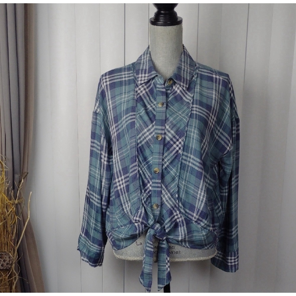 NWT‎ Democracy Blouse Womens Blue plaid button up, Front Tie, Large U18